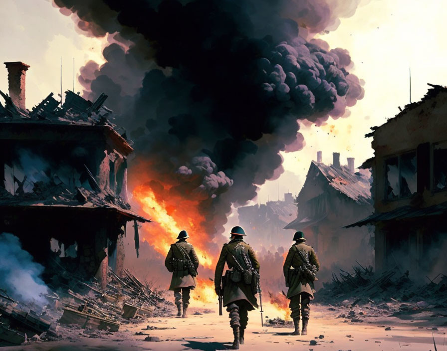 Three soldiers walking from a devastated area with burning buildings and billowing smoke.