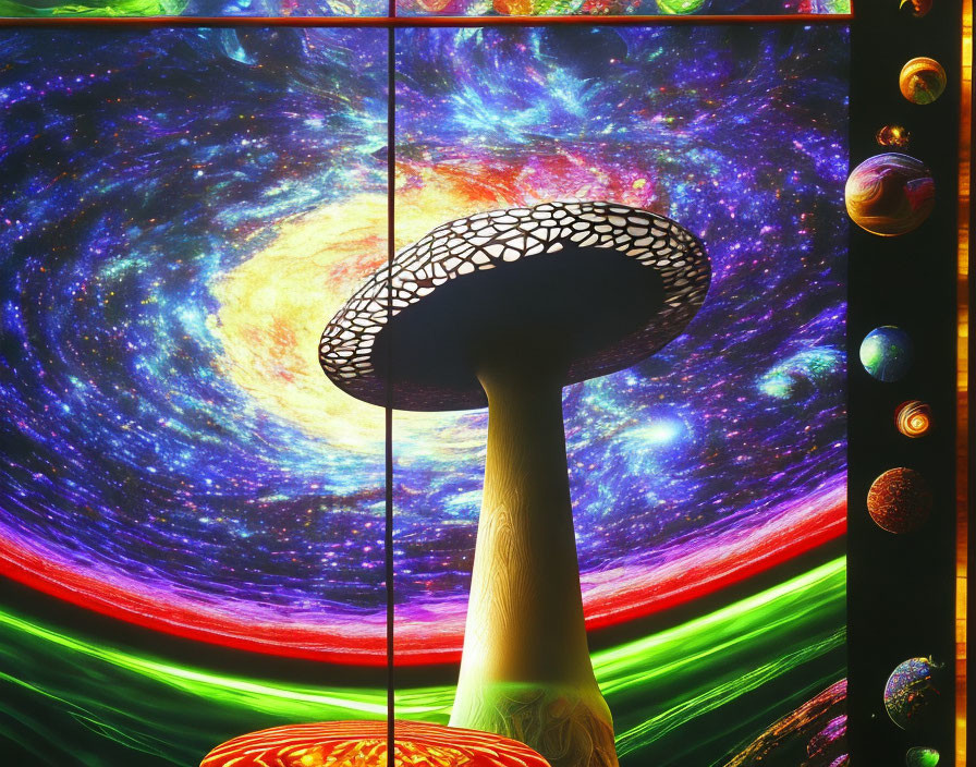 Colorful Stylized Galaxy Stained Glass Window with Mushroom Structure