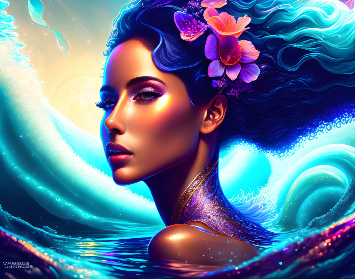 Colorful digital portrait of a woman with glowing skin and floral hair, set against swirling blue waves.
