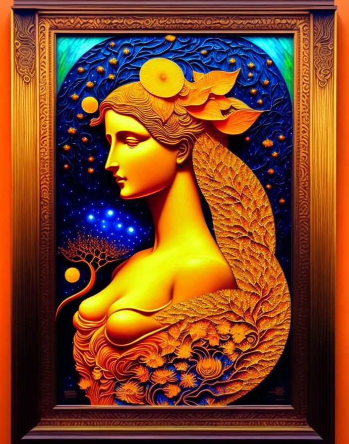 Celestial-themed artwork of a woman with starry night hair and golden leaf details