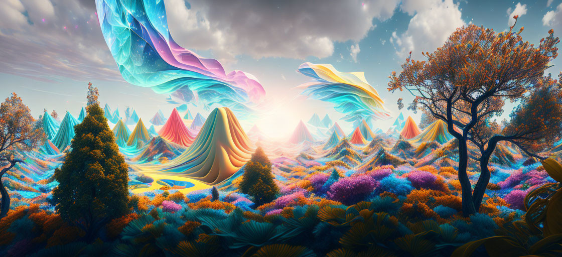 Colorful Flora and Ribbon-like Sky in Vibrant Landscape