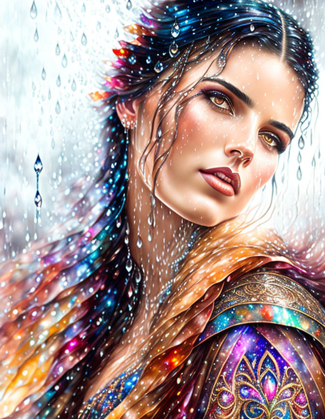 Colorful hair and ornate clothing on a woman in a digital portrait with water droplets.