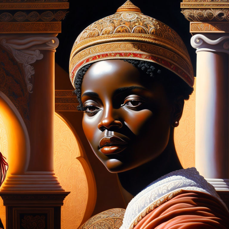 Regal Dark-Skinned Woman in Golden Headdress with Classical Columns
