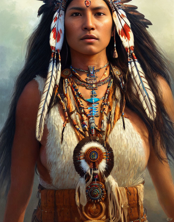 Portrait of person in traditional Native American headdress and beaded necklace