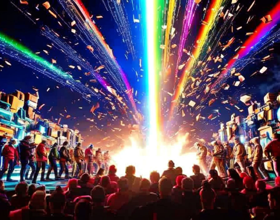 Colorful Concert Crowd Facing Bright Stage with Multi-Colored Beams