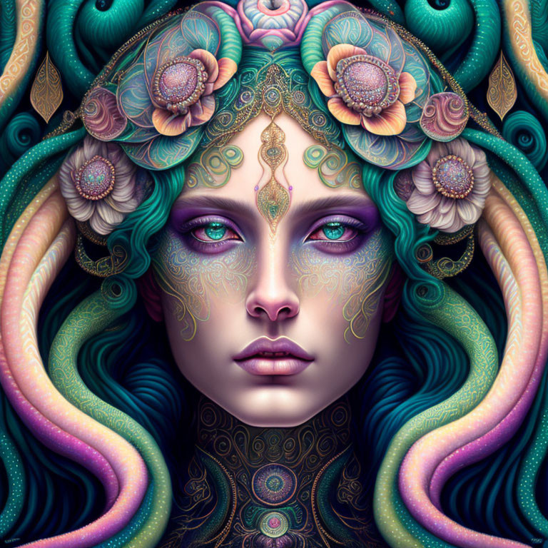Symmetrical fantasy female face with vibrant floral patterns