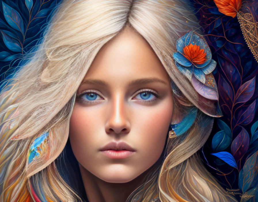 Vibrant digital artwork featuring a woman with striking blue eyes and stylized feathers