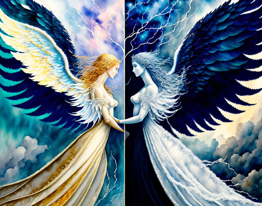 Angelic figures with expansive wings touching under dramatic sky