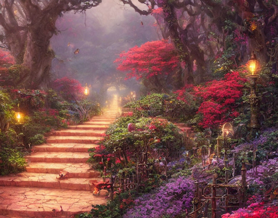 Enchanting garden path with red trees, lanterns, and mist