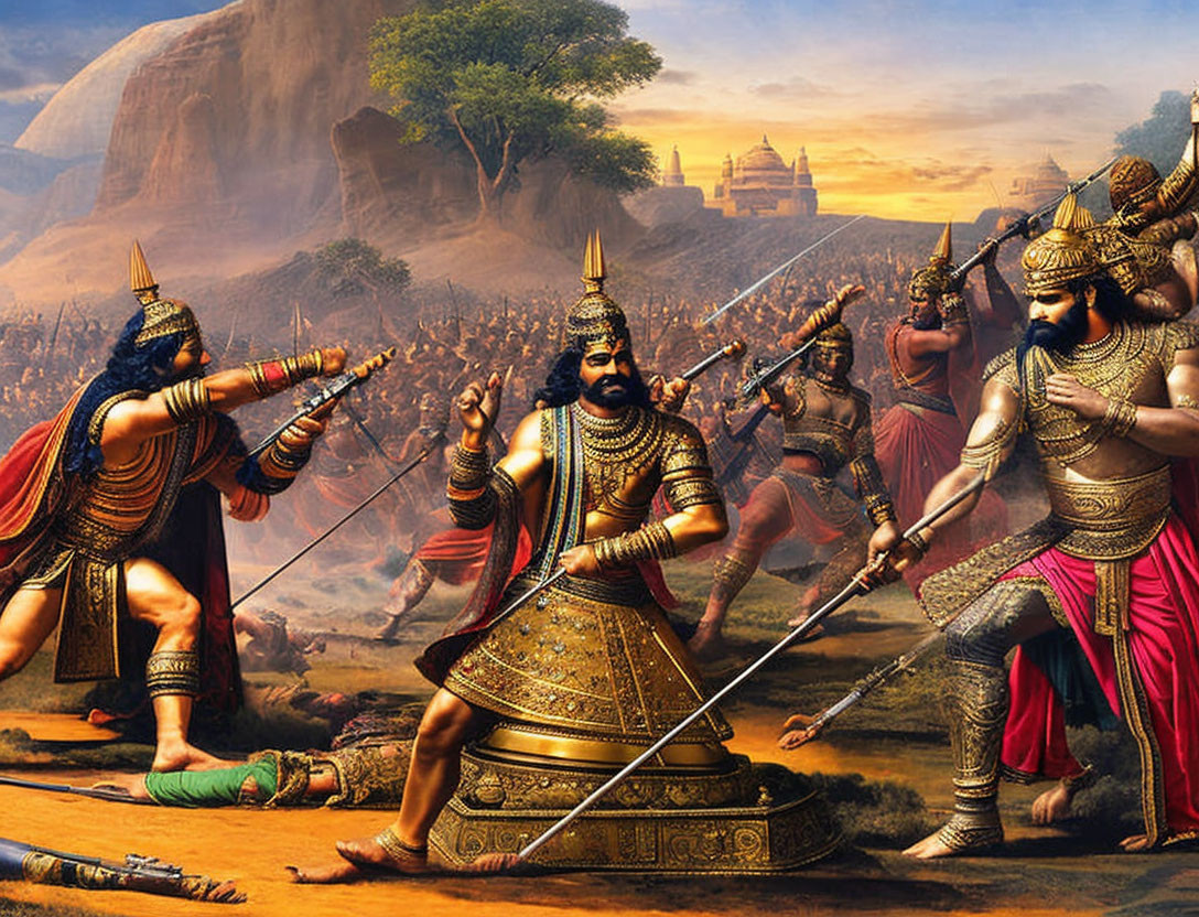 Detailed traditional warrior battle scene in vibrant artwork