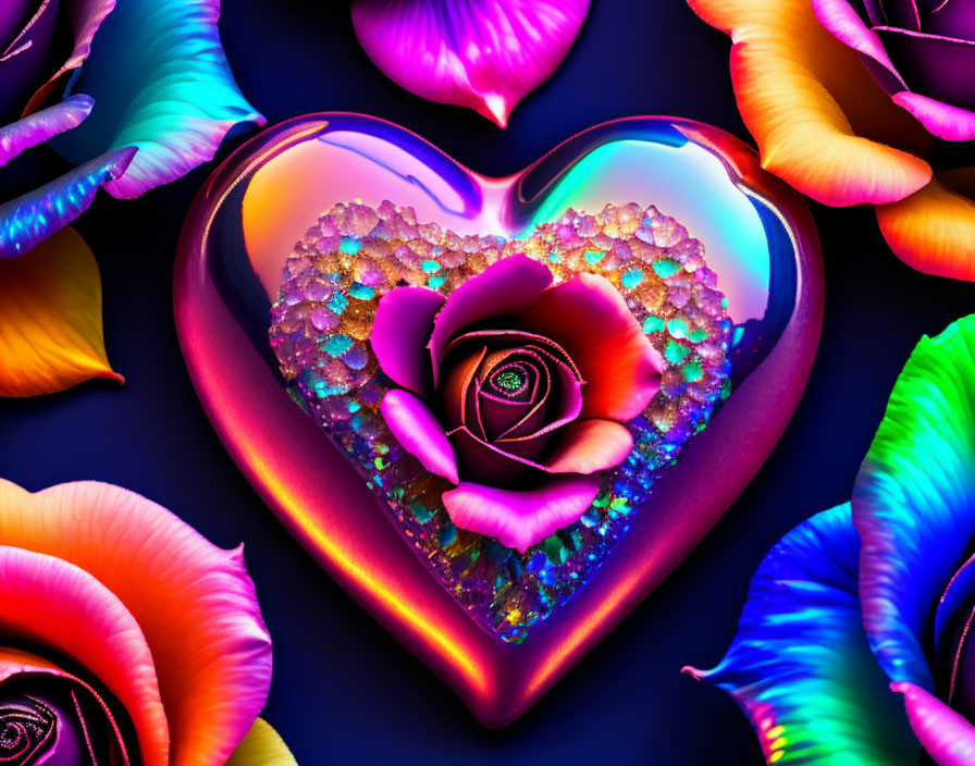 Colorful Heart-Shaped Gem with Rose and Iridescent Petals on Dark Background