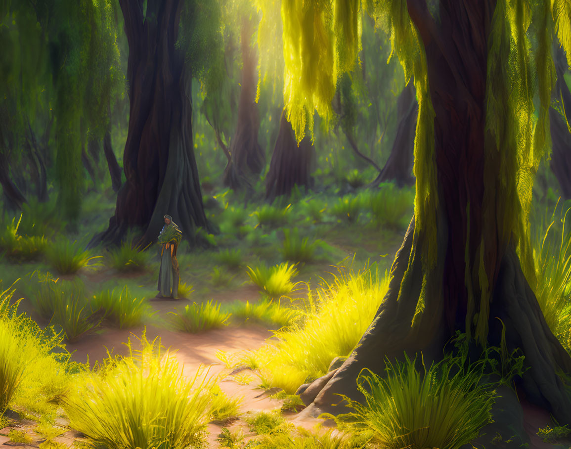 Tranquil Forest Scene with Sunlight and Lone Figure