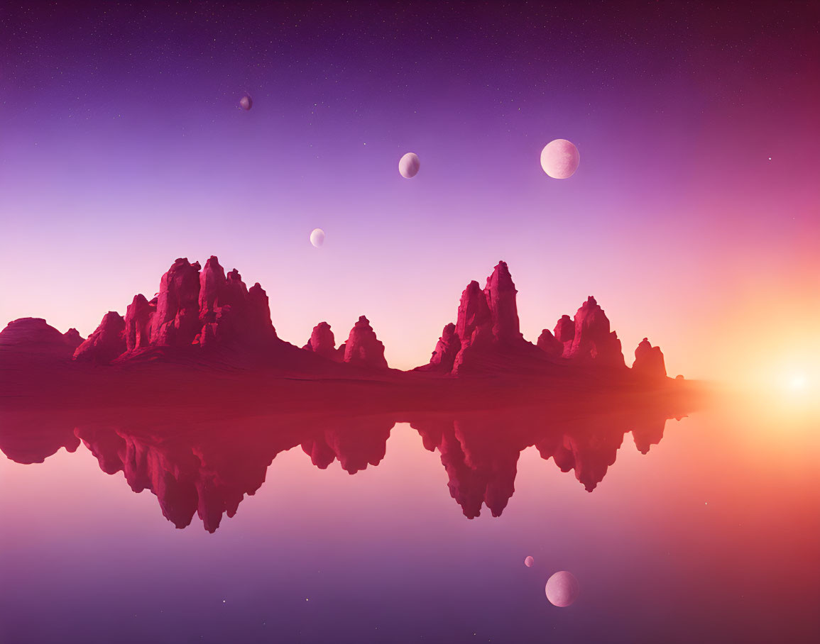 Alien landscape: Purple skies, multiple moons, rocky formations, still water.