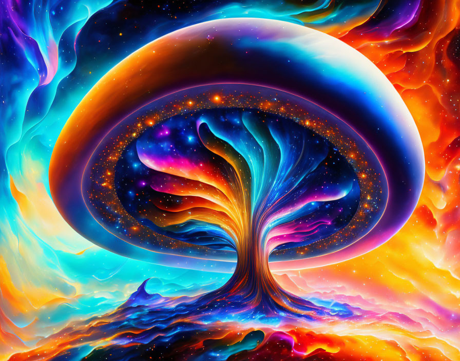 Colorful Cosmic Tree Artwork with Swirling Branches and Celestial Sky
