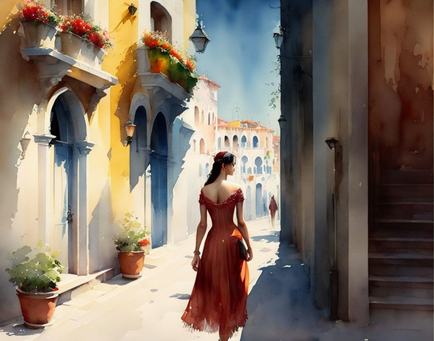 Woman in Red Dress Walking Down Sunny Street with Arched Buildings