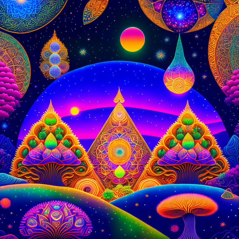 Colorful psychedelic cosmic landscape with trees and celestial bodies