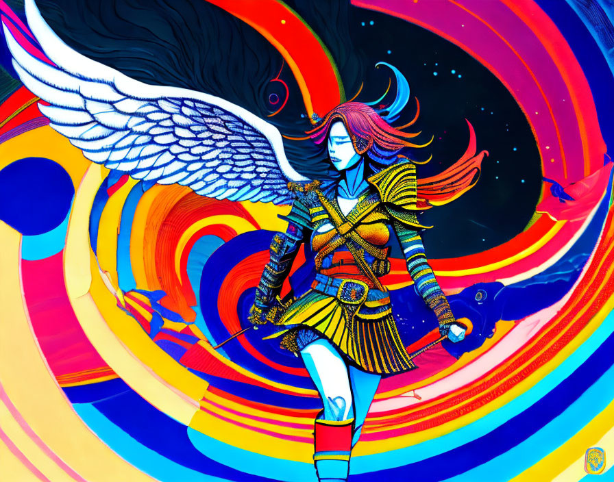 Vibrant digital artwork: stylized character in samurai armor with wings in colorful, psychedelic swirl