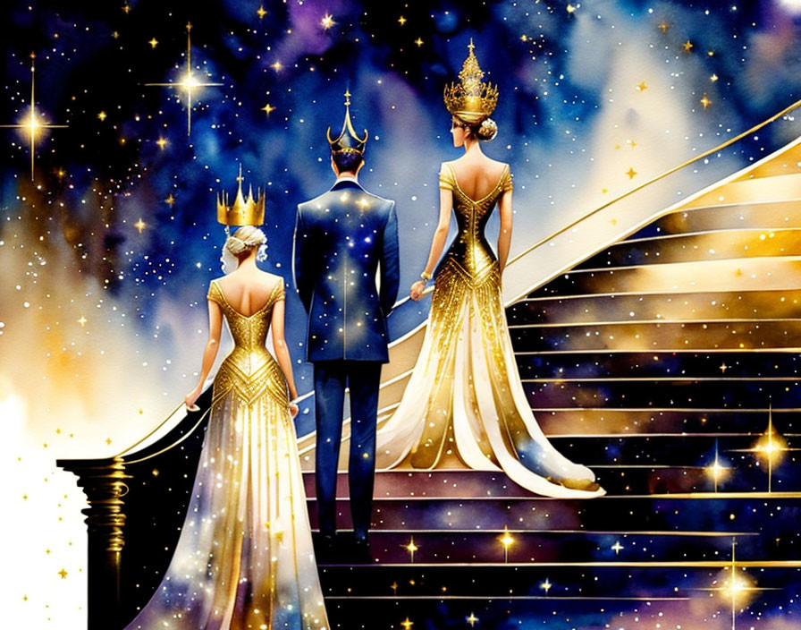 Royal couple in crowns and elegant attire ascend star-filled staircase