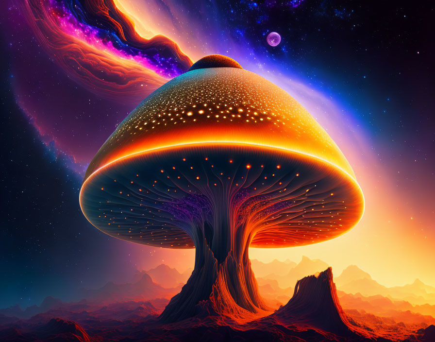Colorful digital artwork featuring giant mushroom in cosmic setting