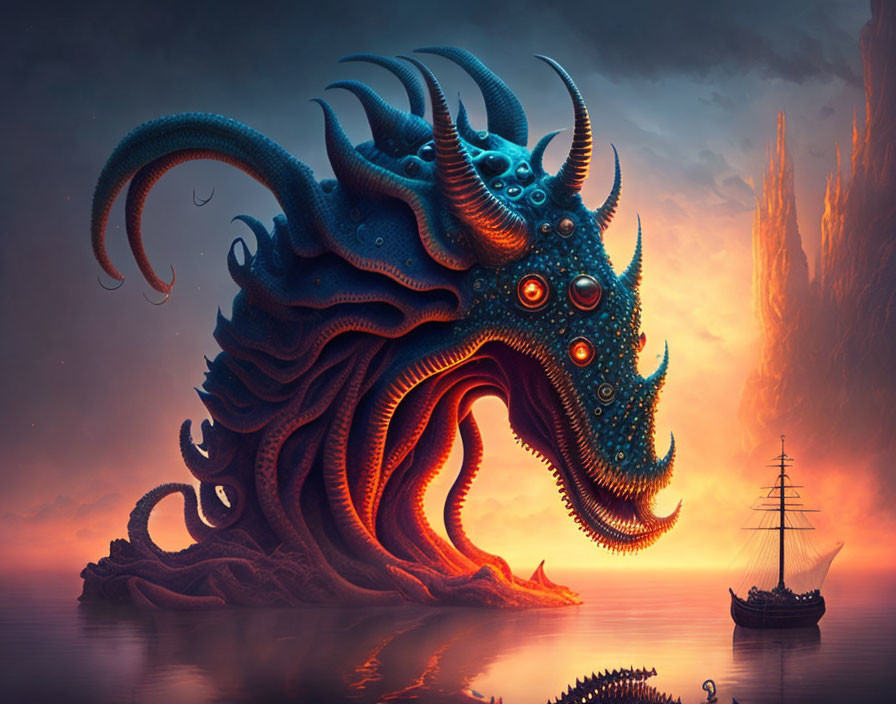 Gigantic tentacled sea monster with glowing eyes emerges at sunset