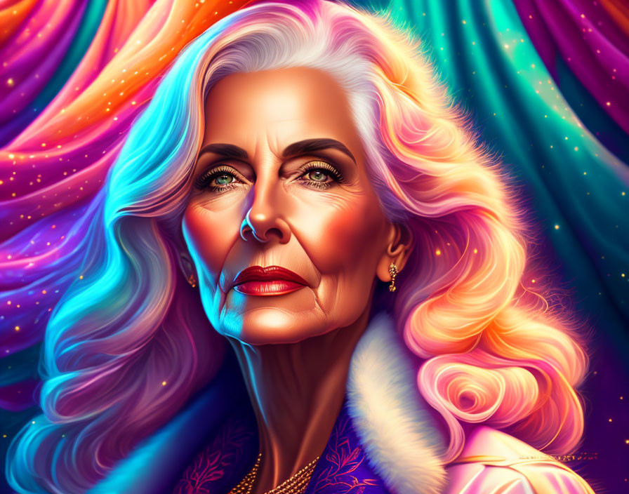 Elegant Elderly Woman with Silver Hair in Cosmic Background