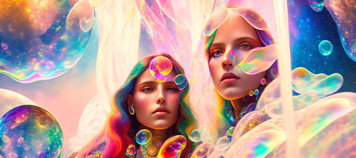 Vibrant fantasy image: two women with colorful hair in dreamlike setting