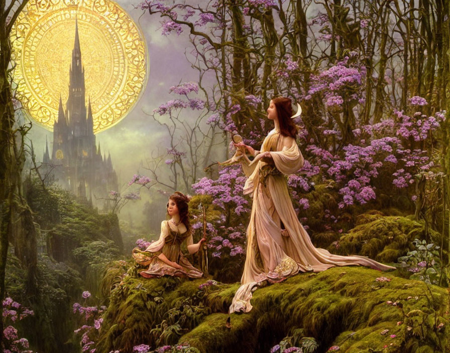 Fantastical scene: Two women in robes, purple flowers, golden coin, misty castle