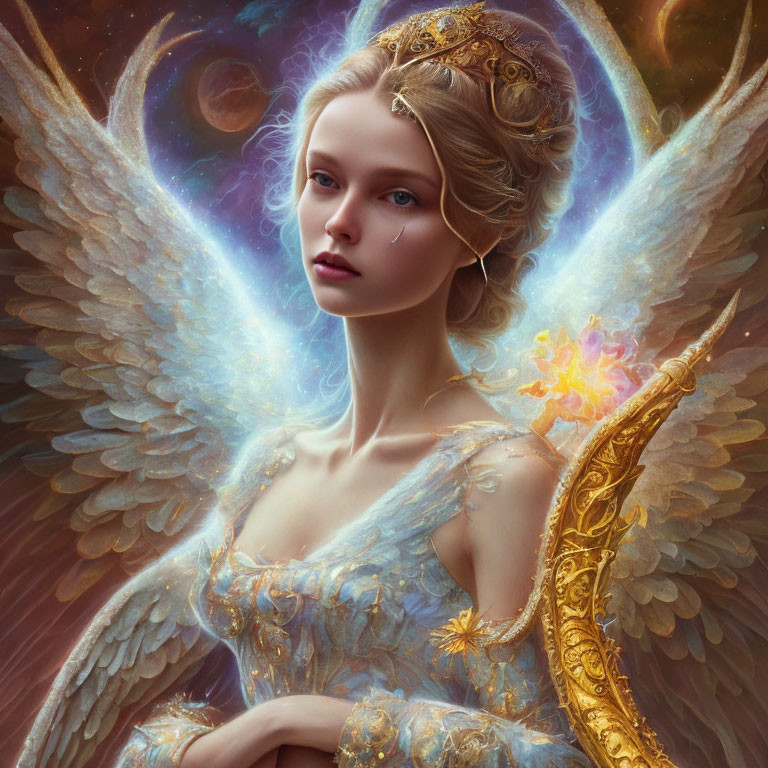 Golden-winged ethereal being in blue gown against cosmic backdrop
