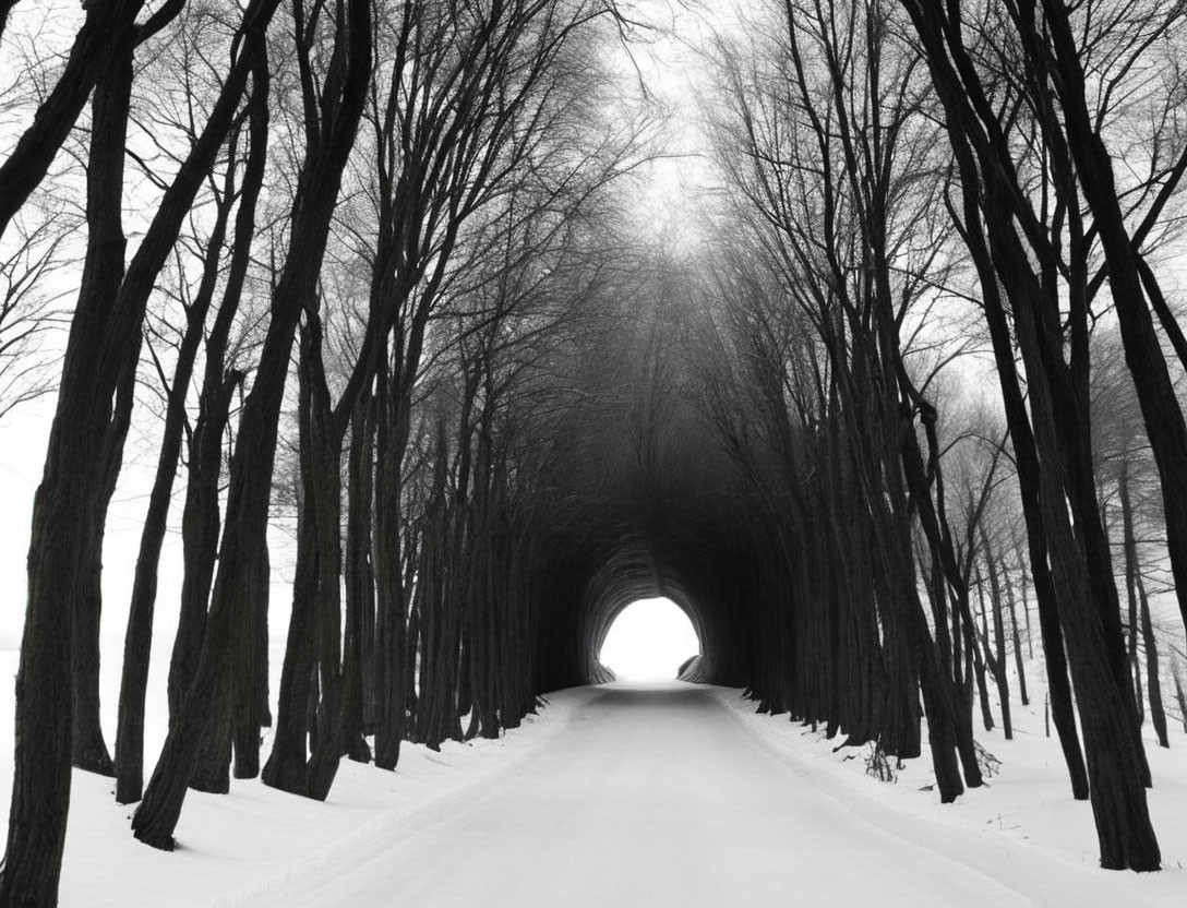 Snowy Road Through Tall Leafless Trees Tunnel Under Hazy Sky