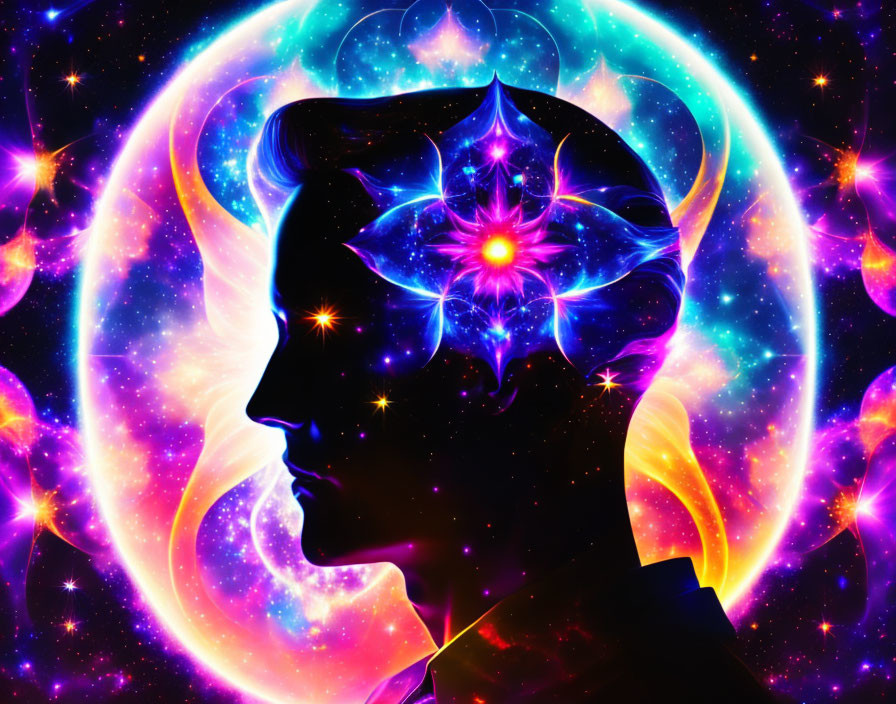 Profile Silhouette on Cosmic Fractal Background with Stars