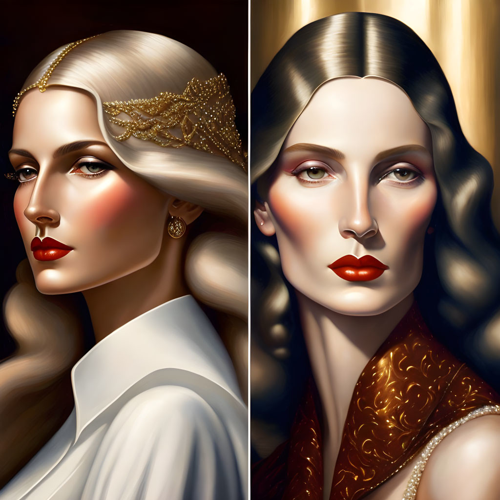 Stylized portraits of a woman with golden accessories and dramatic makeup in white and red attire against a