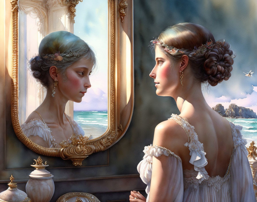 Vintage-dressed woman admires reflection by seascape window with flower hairpiece.