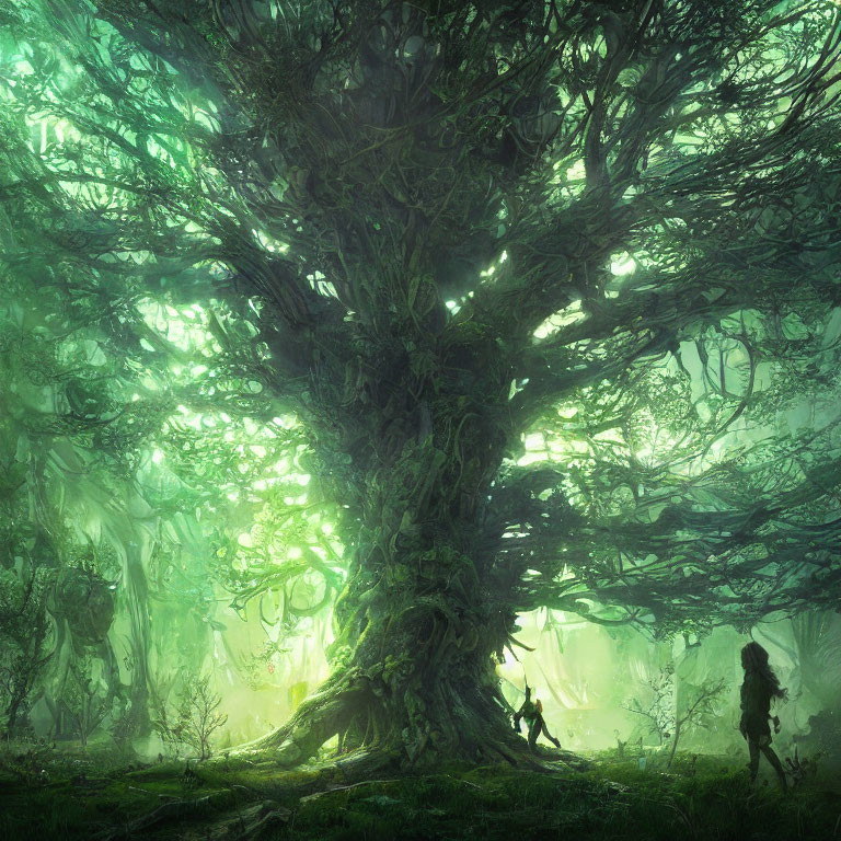 Enchanting green forest with ancient tree and ethereal light.