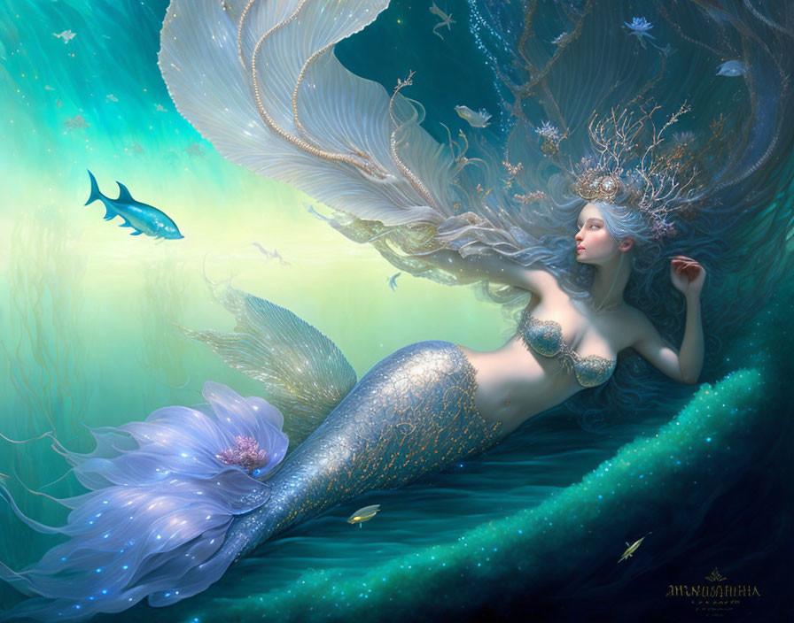 Mythical mermaid with glittering tail swimming underwater