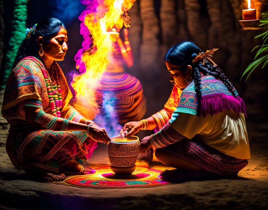 Traditional attire women in candlelit cultural ritual with colorful smoke