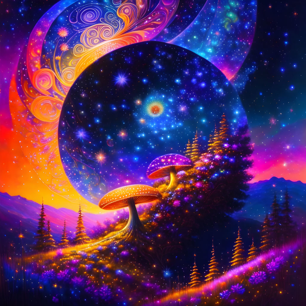 Colorful Psychedelic Cosmic Landscape with Mushrooms and Pine Trees