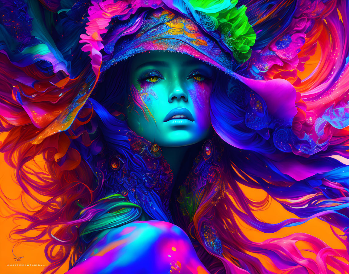 Colorful digital artwork: Woman with flowing hair and flower-adorned hat in swirling patterns
