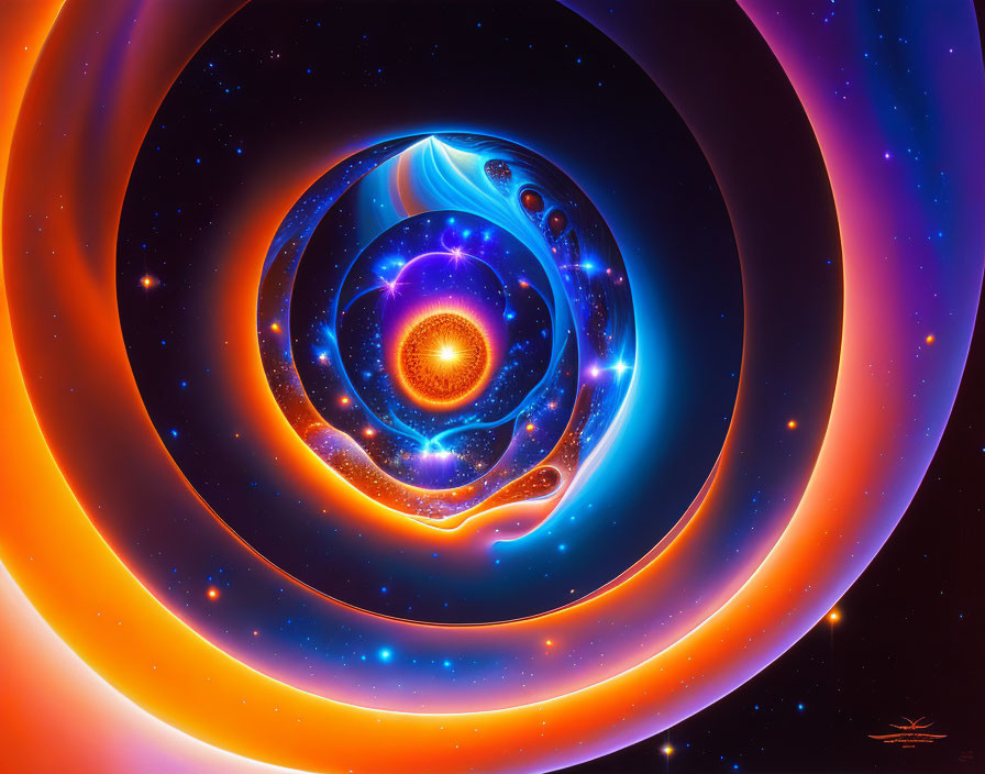 Colorful Cosmic Spiral Artwork with Orange and Blue Hues