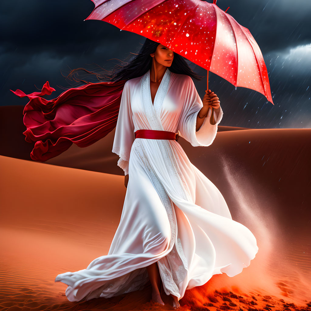 Woman in white outfit with red star umbrella in desert storm.