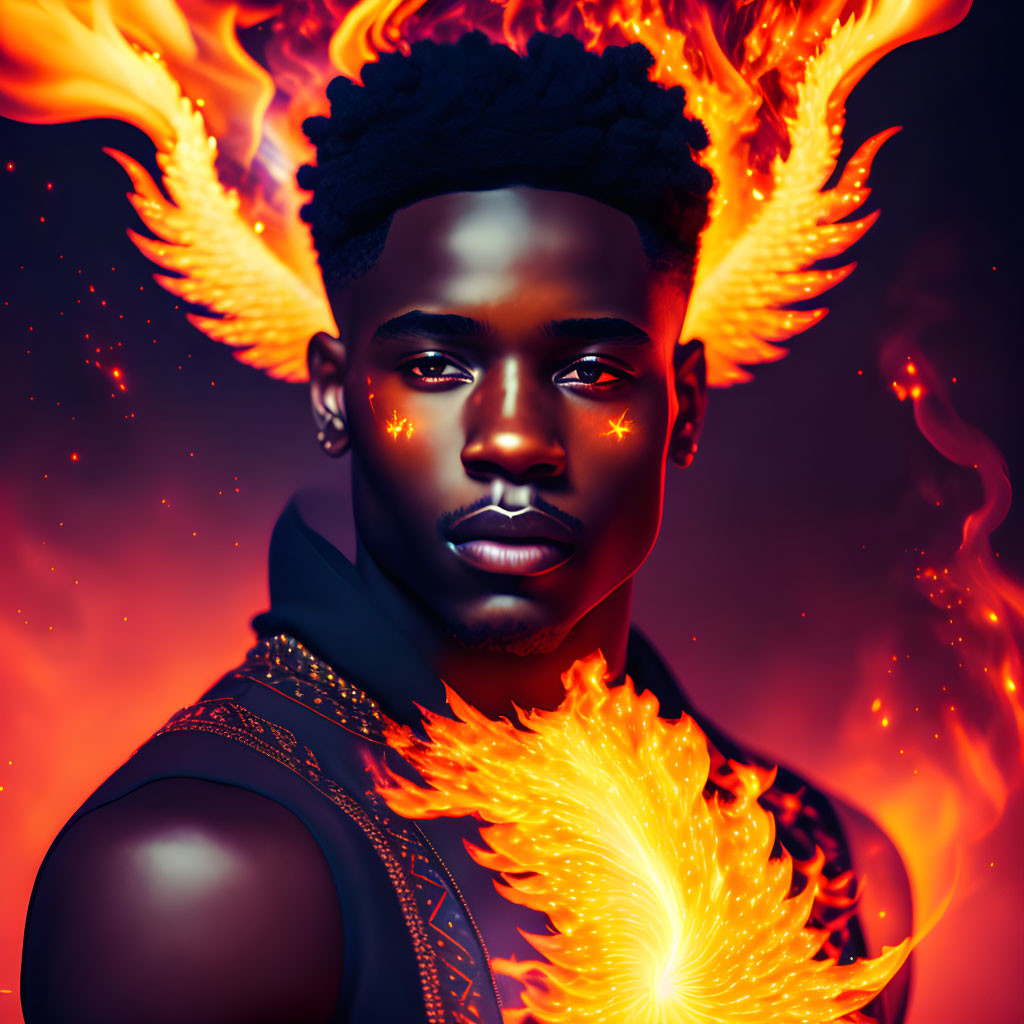 Digital art portrait featuring man with flame elements and star motifs on dark background