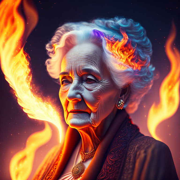 Portrait of an elder woman with fiery elements and mystical energy