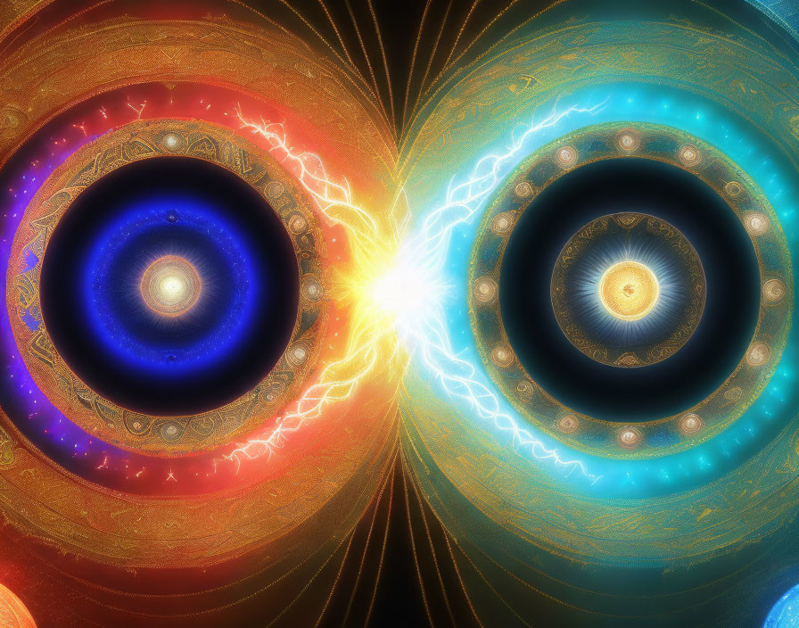 Colorful digital art: Ornate fractal eyes in blue, gold, and orange with electric effects
