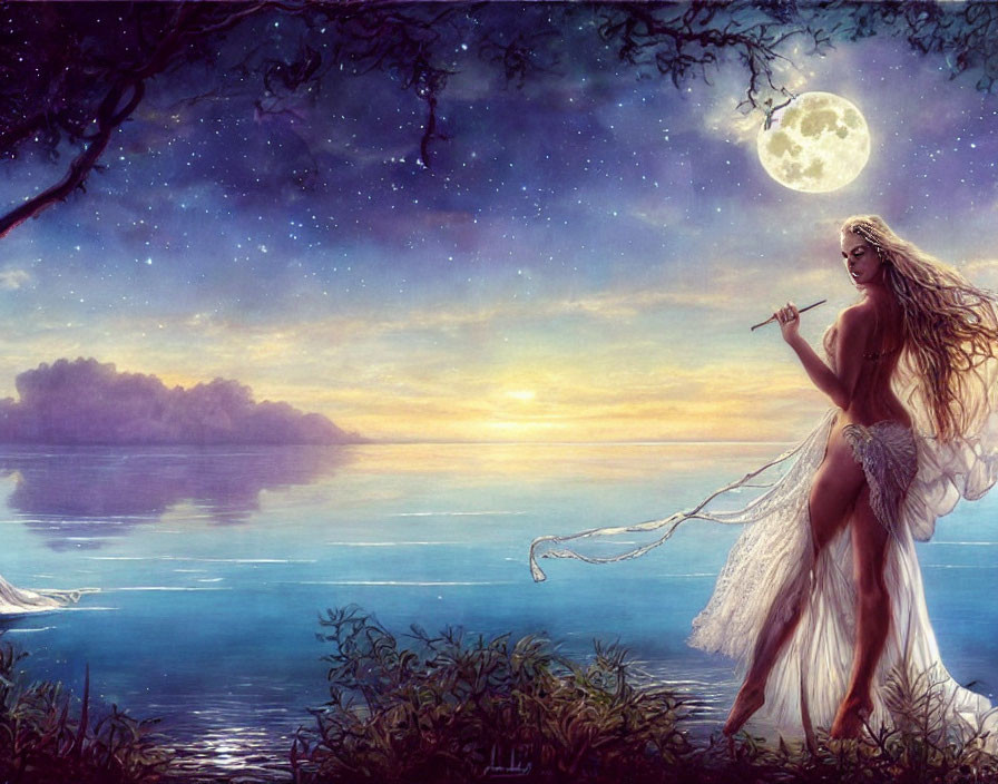 Woman in white dress by seaside under twilight sky with stars and full moon.