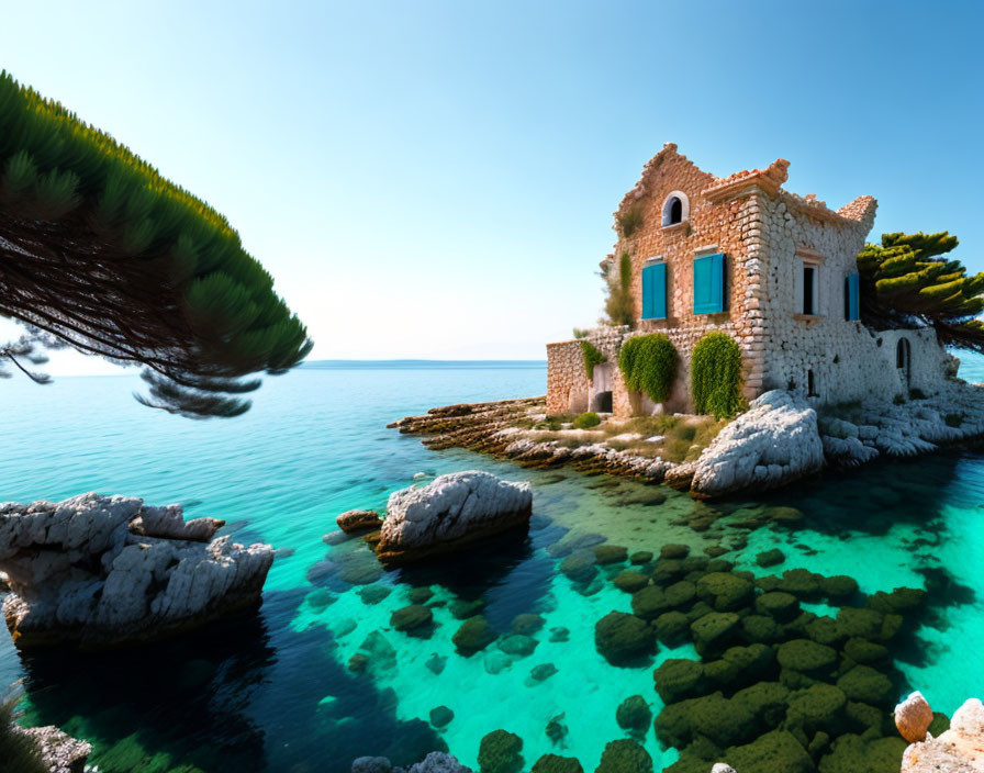 Serene coastal landscape with old stone house, turquoise sea, pine branches, and rocky outcrops