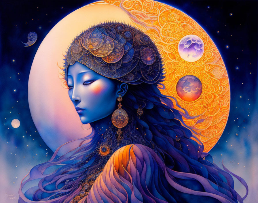 Stylized portrait of woman with celestial headgear in warm and cool tones