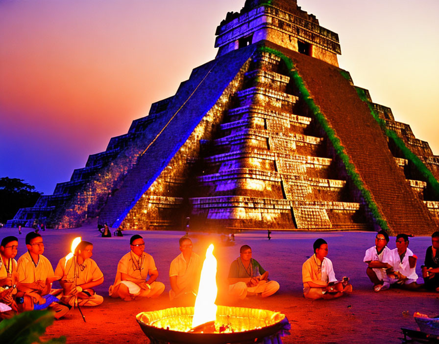 Traditional clothing around fire with El Castillo at Chichen Itza at dusk