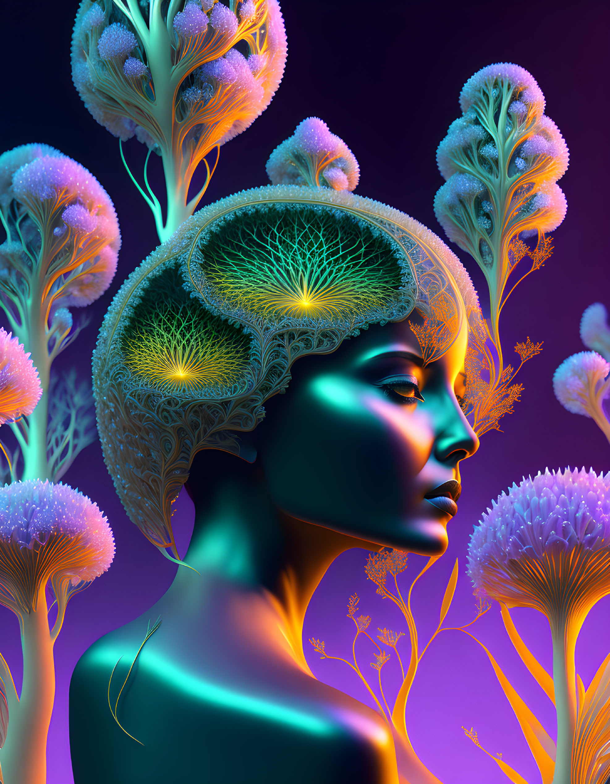 Digital artwork features woman with glowing, tree-like brain structure and neon-hued plant forms on purple background