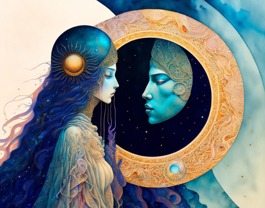 Intricately detailed surreal artwork of two faces in golden and blue within circular frame