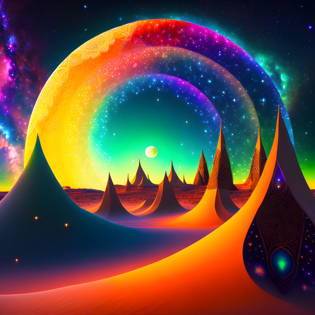 Colorful digital art: cosmic rainbow arch, whimsical hills, starry sky, full moon