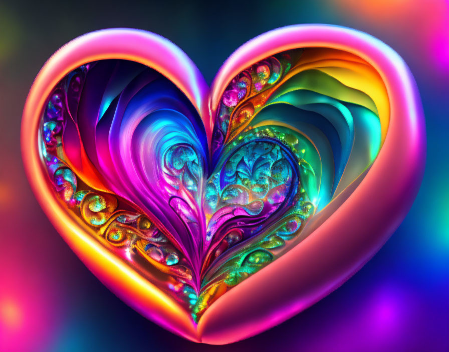 Colorful Fractal Heart on Reflective Surface